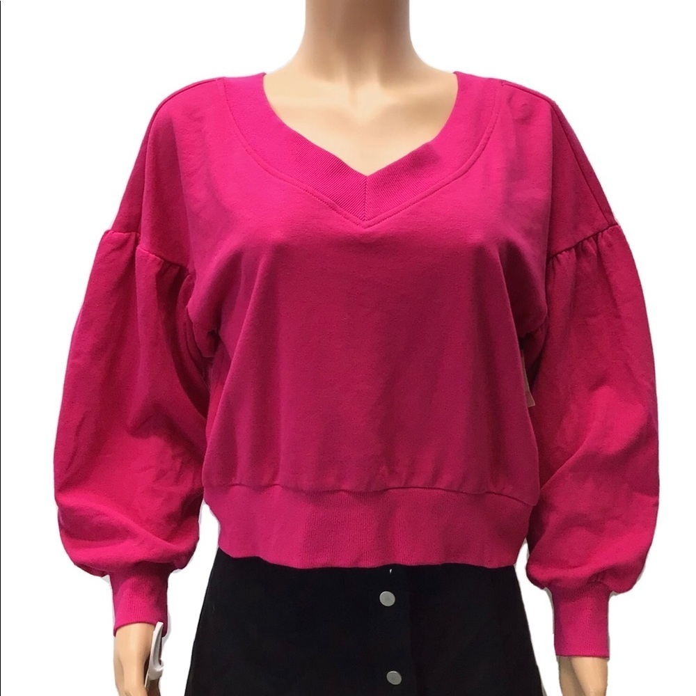 Wild Fable Pink Balloon Sleeve Cropped V-Neck Sweatshirt - Picture 5 of 11